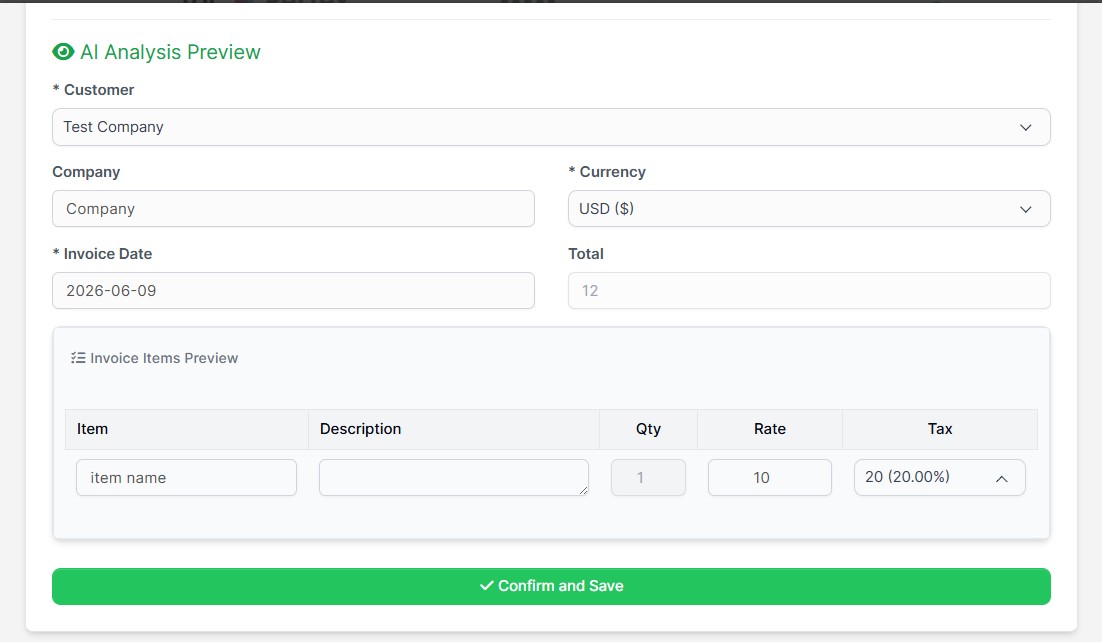 AI Invoice Preview Form
