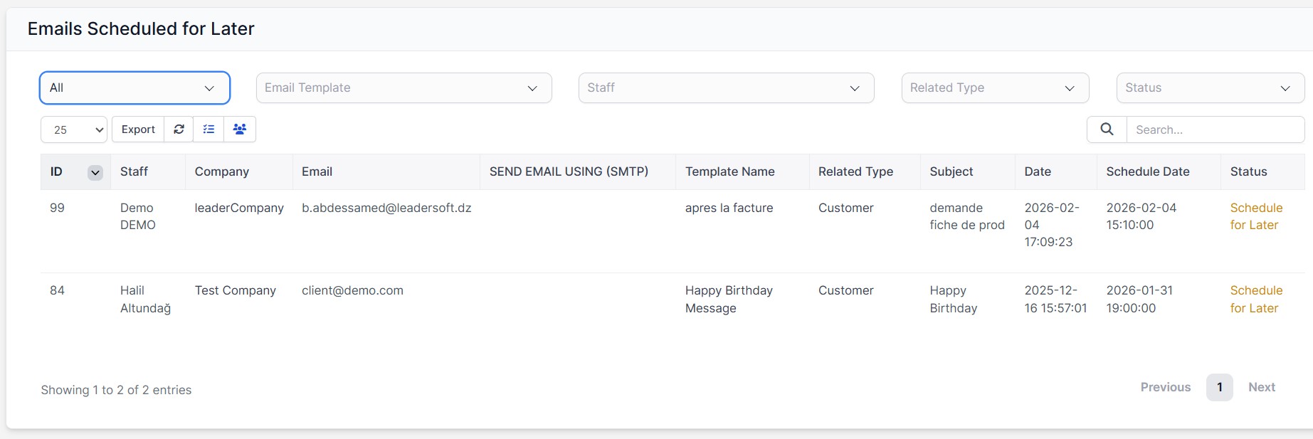 Scheduled Emails List