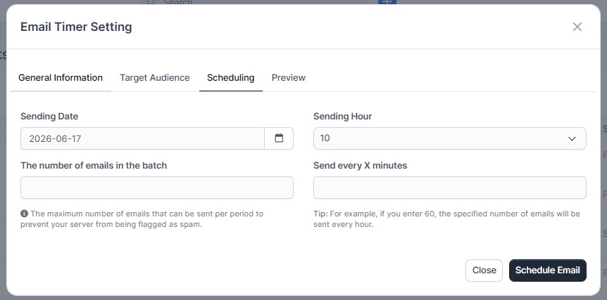 Mail Timer - Scheduling Settings