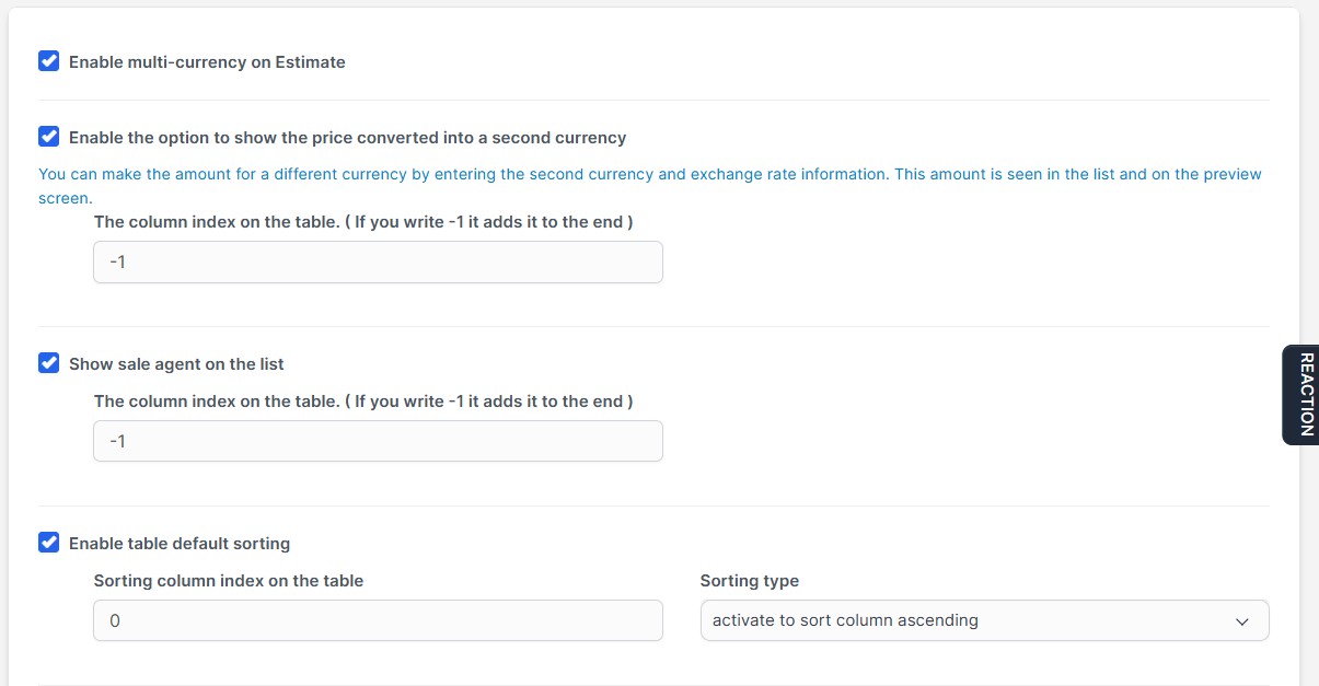 Estimate Settings