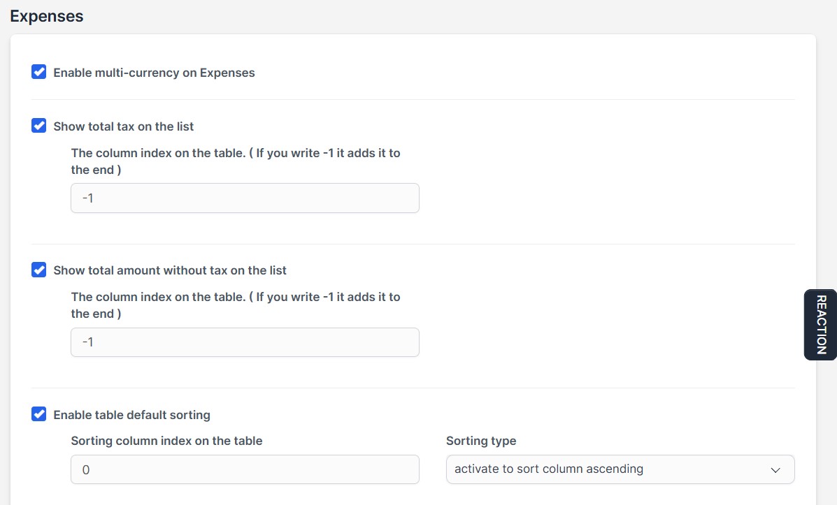 Expenses Extra Settings