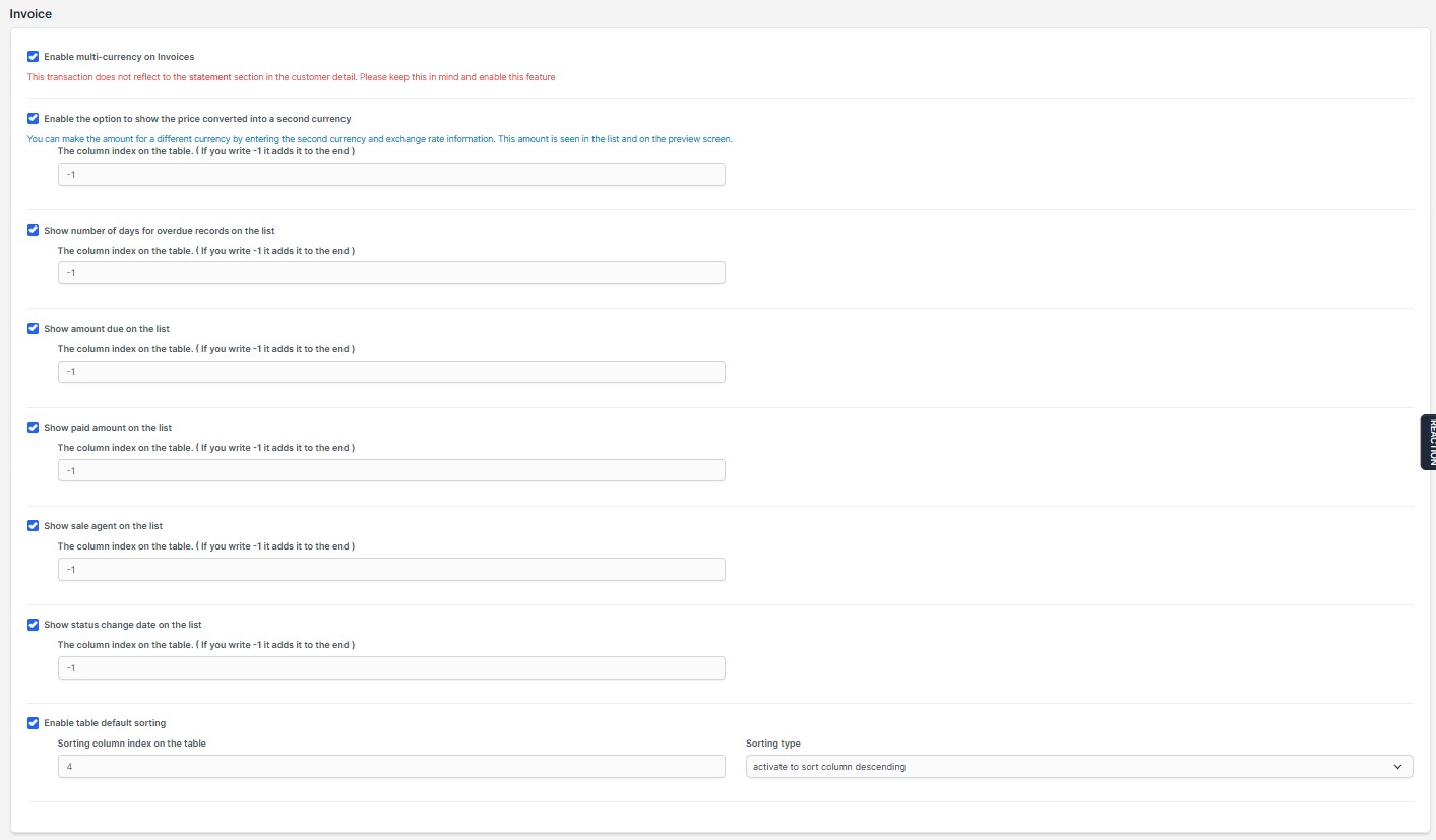 Invoice Extra Settings