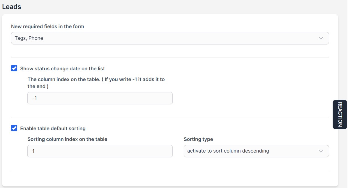 Leads Extra Settings