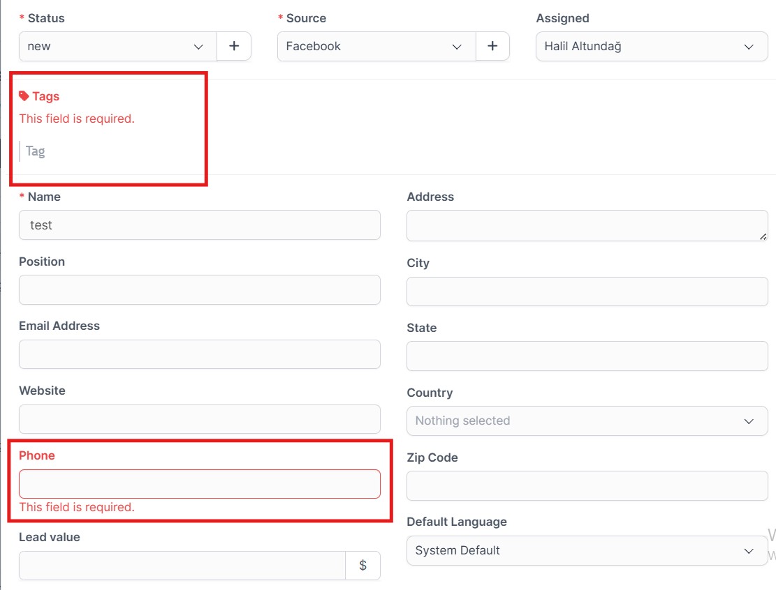 Add Lead Required Fields