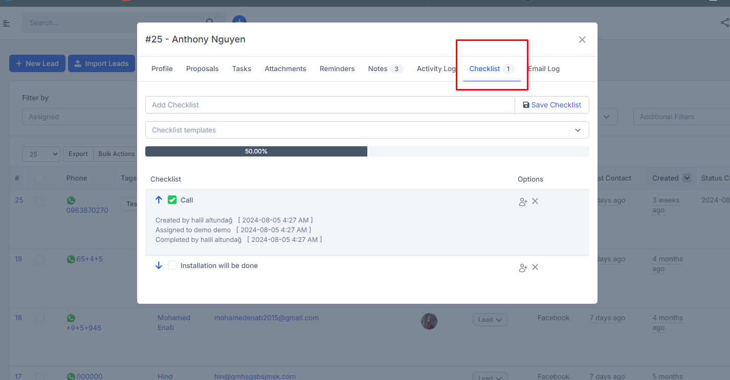 Lead Checklist Module For Perfex CRM